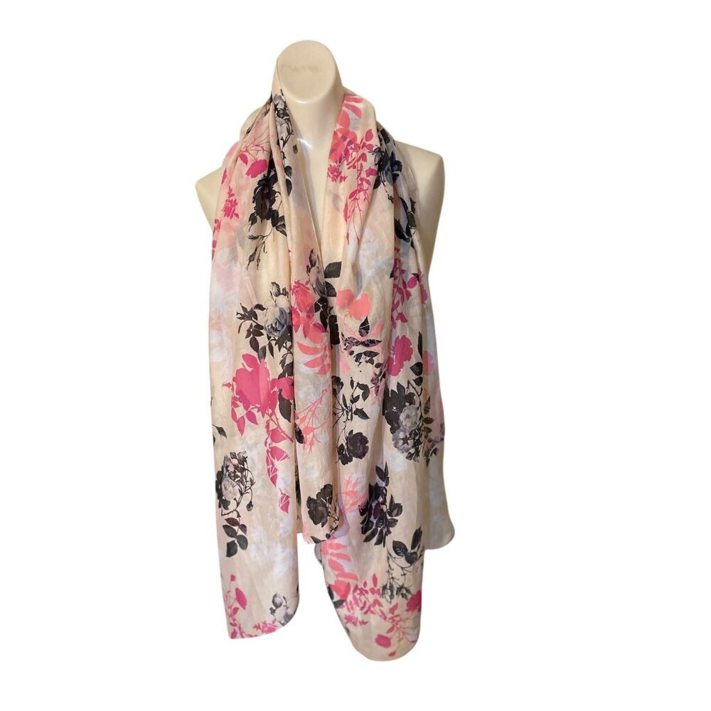 Burnout Velvet Floral Pinks Black White Scarf Shawl Sheer Lightweight 68” L